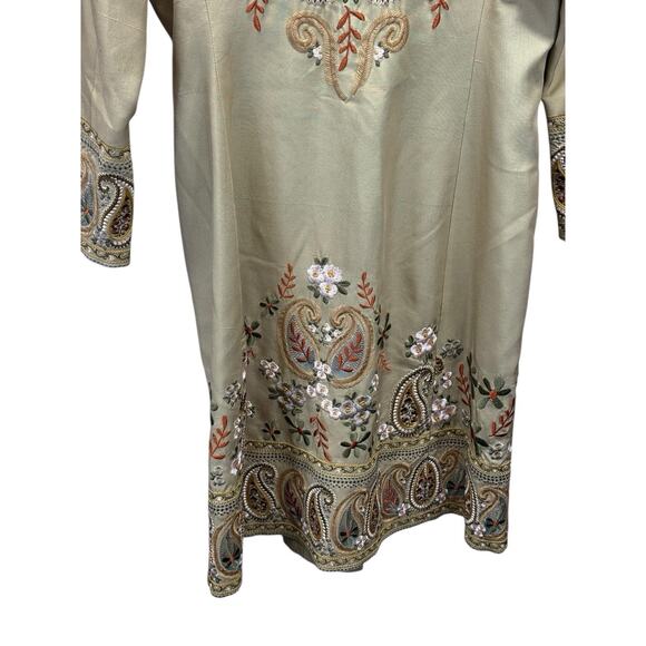 Biya Johnny Was 100% Silk Embroidered Western Boho Duster Coat Beige XS - Picture 10 of 16